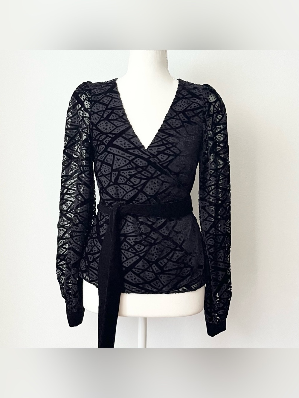 & Other Stories Women's Black Velvet Burnout Wrap Blouse Size 0 Puff Shoulders